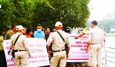 manipur  job seekers protest at cm n biren singh s residence in imphal