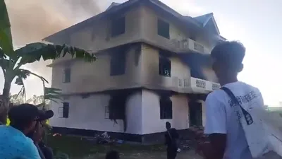 manipur  bjp mandal office burnt down in thoubal by mob