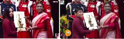 manipur  president of india confers sushila chanu and roshibina devi with arjuna awards