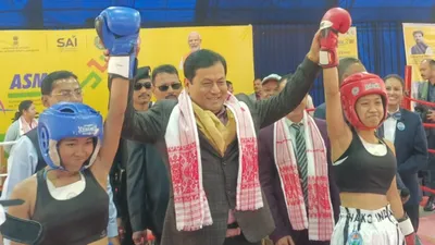 assam  sonowal meets khelo india kickboxers  hails  nari shakti  in sports