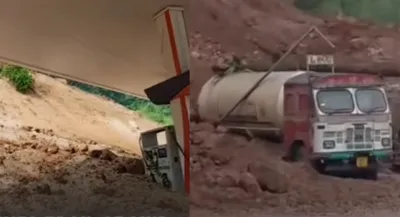 landslide hits fuel station in jorabat along assam meghalaya border  two vehicles damaged