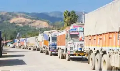 manipur  over 400 goods trucks stranded on nh 37 at langjing to khmbong due to bandh