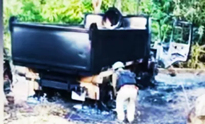 manipur  truck set ablaze after alleged hijacking by militants near india myanmar border