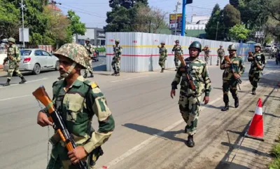 meghalaya  security personnel carry out foot march in shillong ahead of ls polls