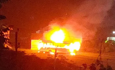 manipur  bus used by security forces torched by miscreants in kangpokpi